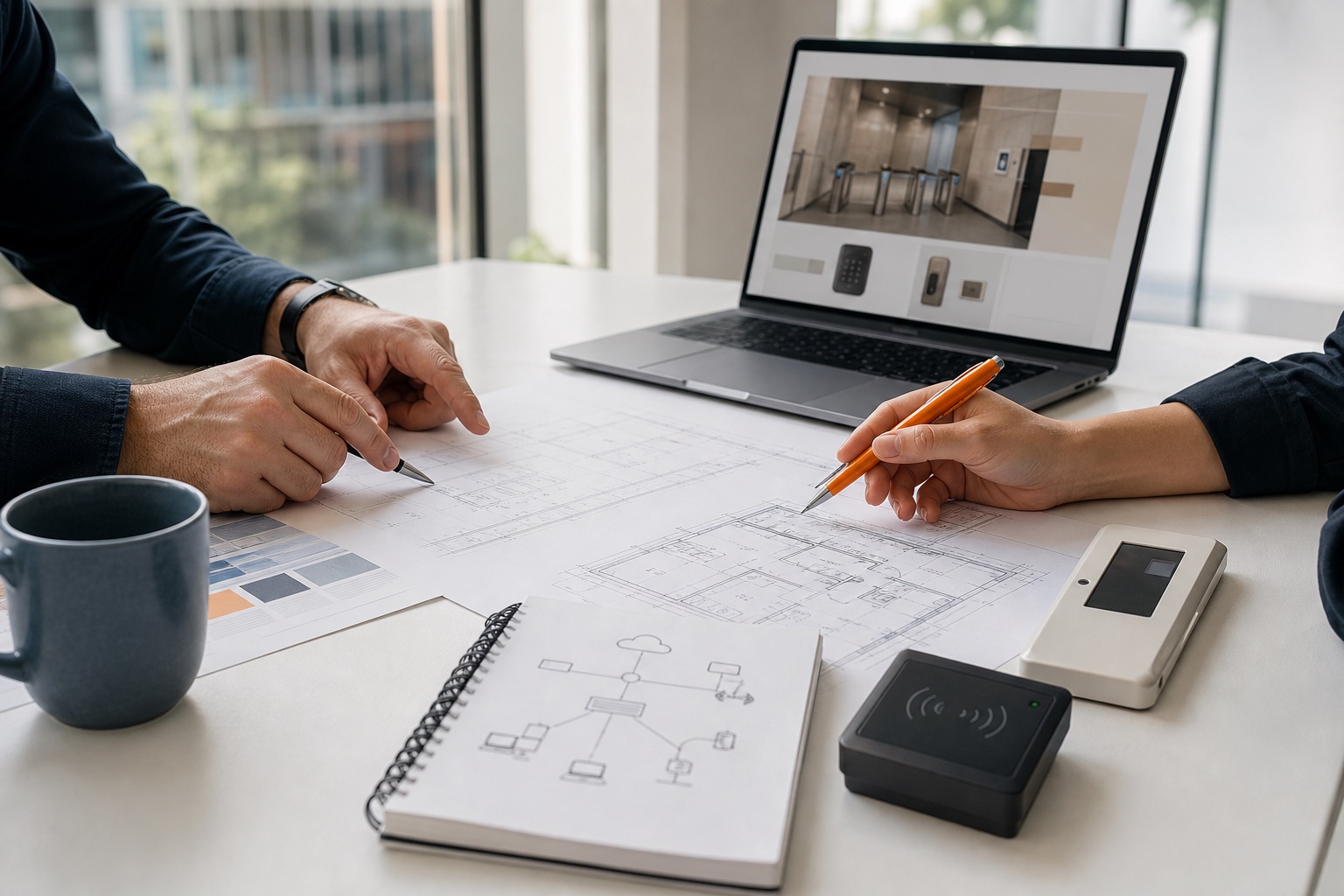 Two Technobyte specialists planning website, networking and access-control systems