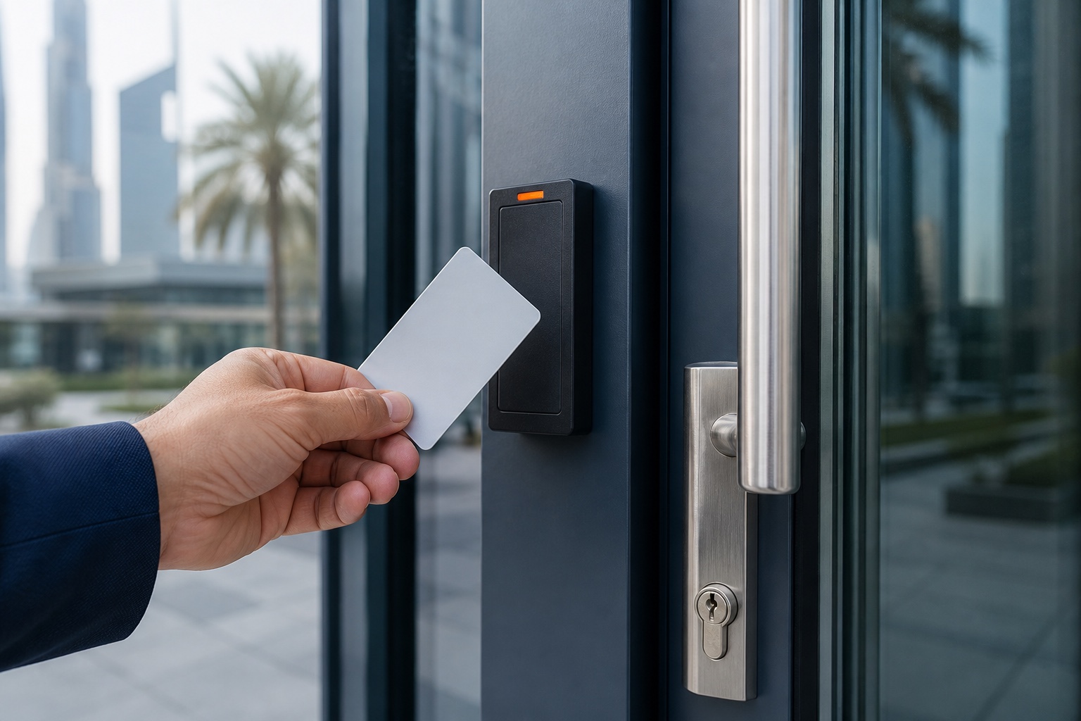 Unbranded access card being presented to a commercial door reader