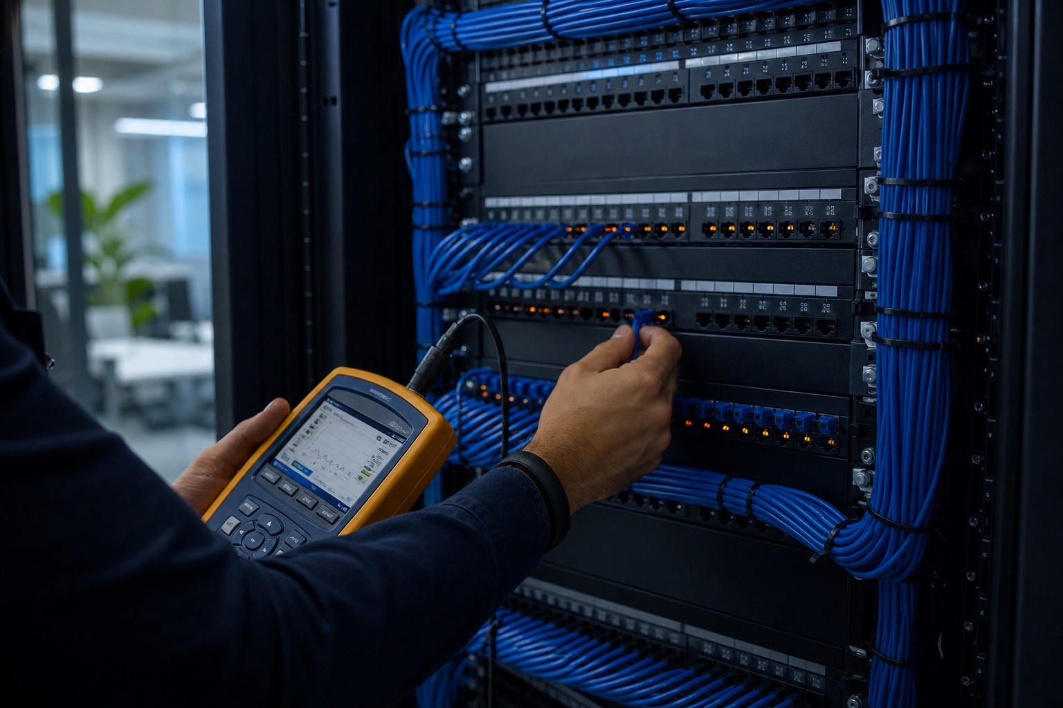 Business network cabinet being tested with neatly routed blue cabling