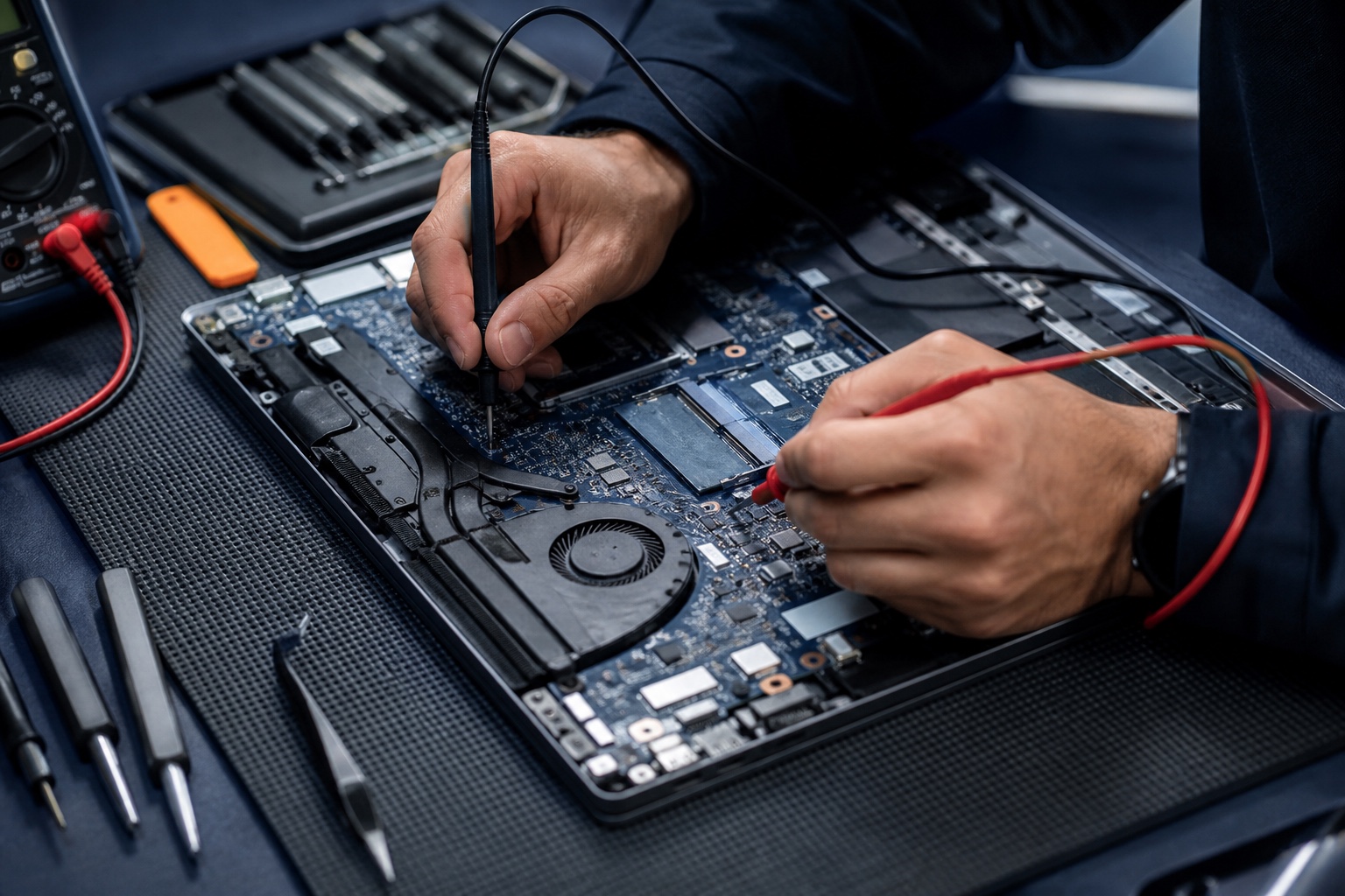 Laptop motherboard undergoing professional electronic fault diagnosis