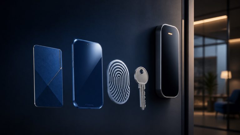 Access card, mobile credential, fingerprint relief and backup key beside an office reader