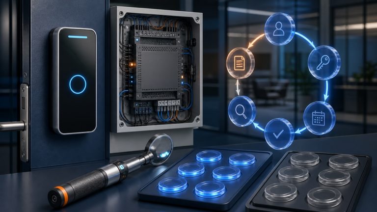 Office access controller, reader and credential lifecycle arranged for inspection