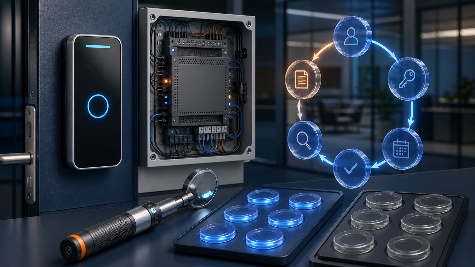 Office access controller, reader and credential lifecycle arranged for inspection