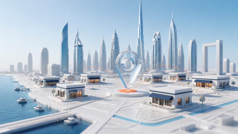 Glass location marker connecting businesses in a modern Dubai district model