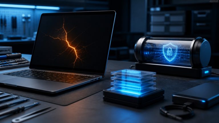 Failed business laptop beside protected backup layers in a professional repair workspace