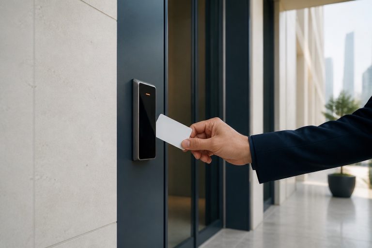 Commercial access-control reader installed at a modern office entrance