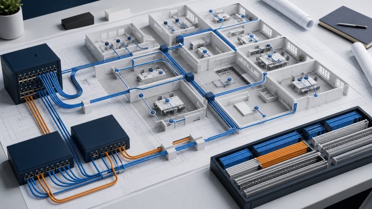 Miniature office floor plan connected by organised blue and orange network cabling