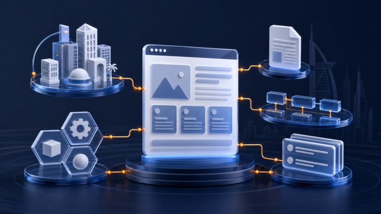 A central webpage connected to structured business and content entities