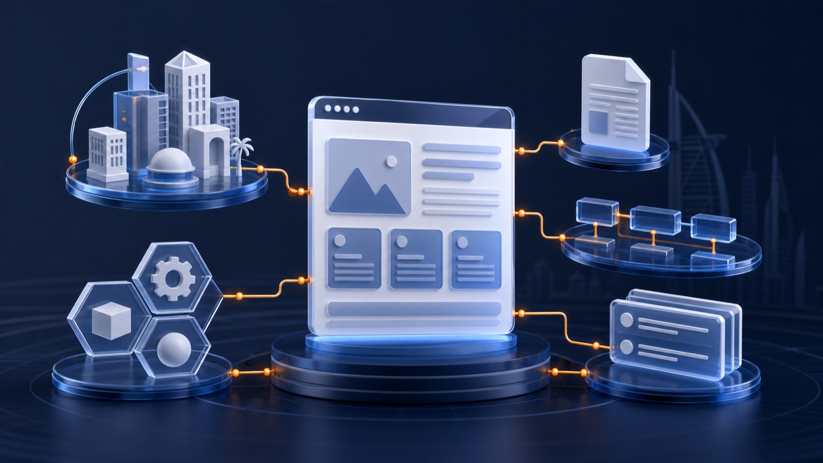 A central webpage connected to structured business and content entities
