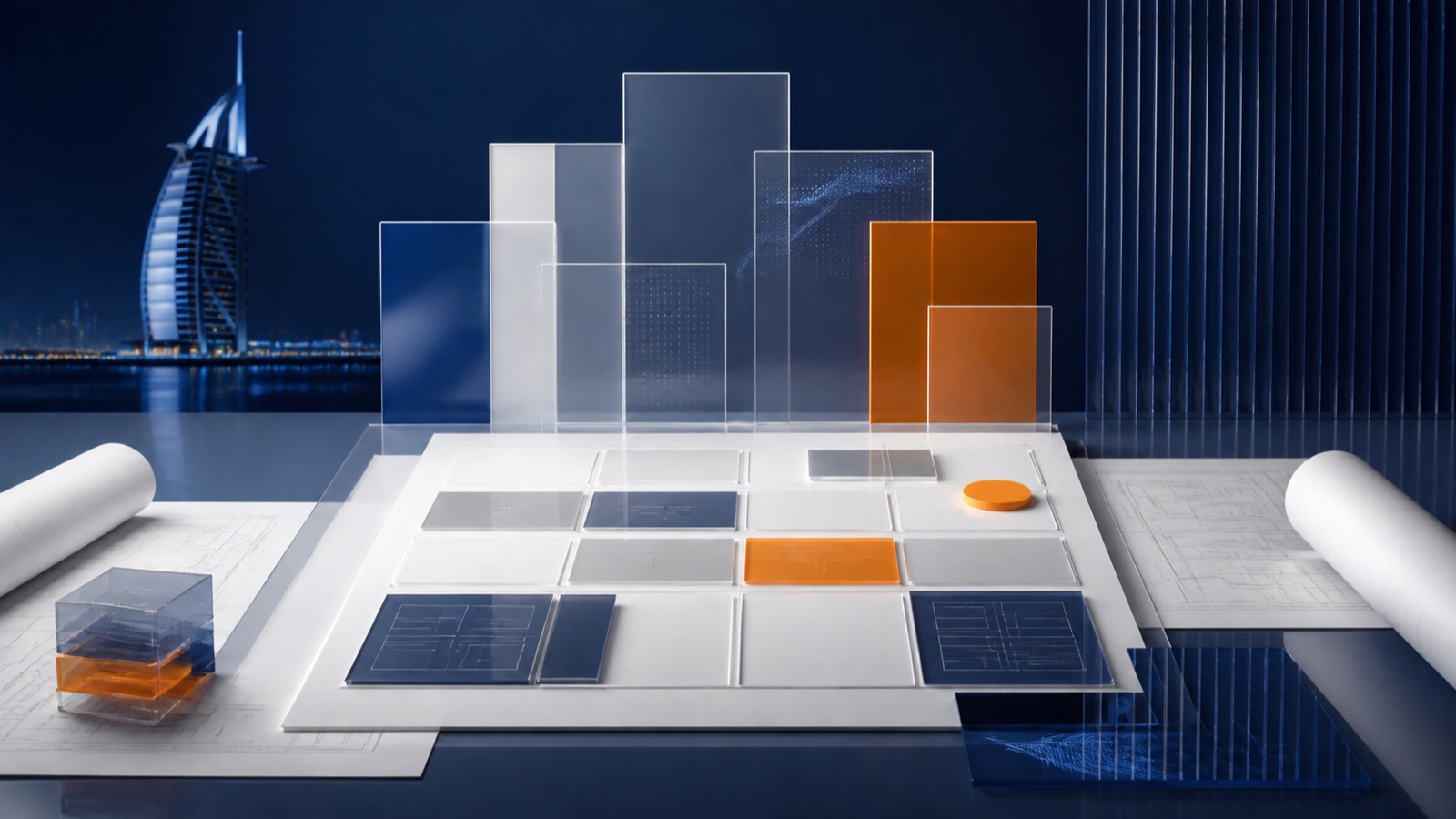 Glass website modules arranged on a premium planning table in Dubai