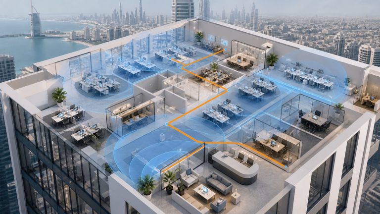 Architectural Dubai office cutaway with distinct wireless coverage zones